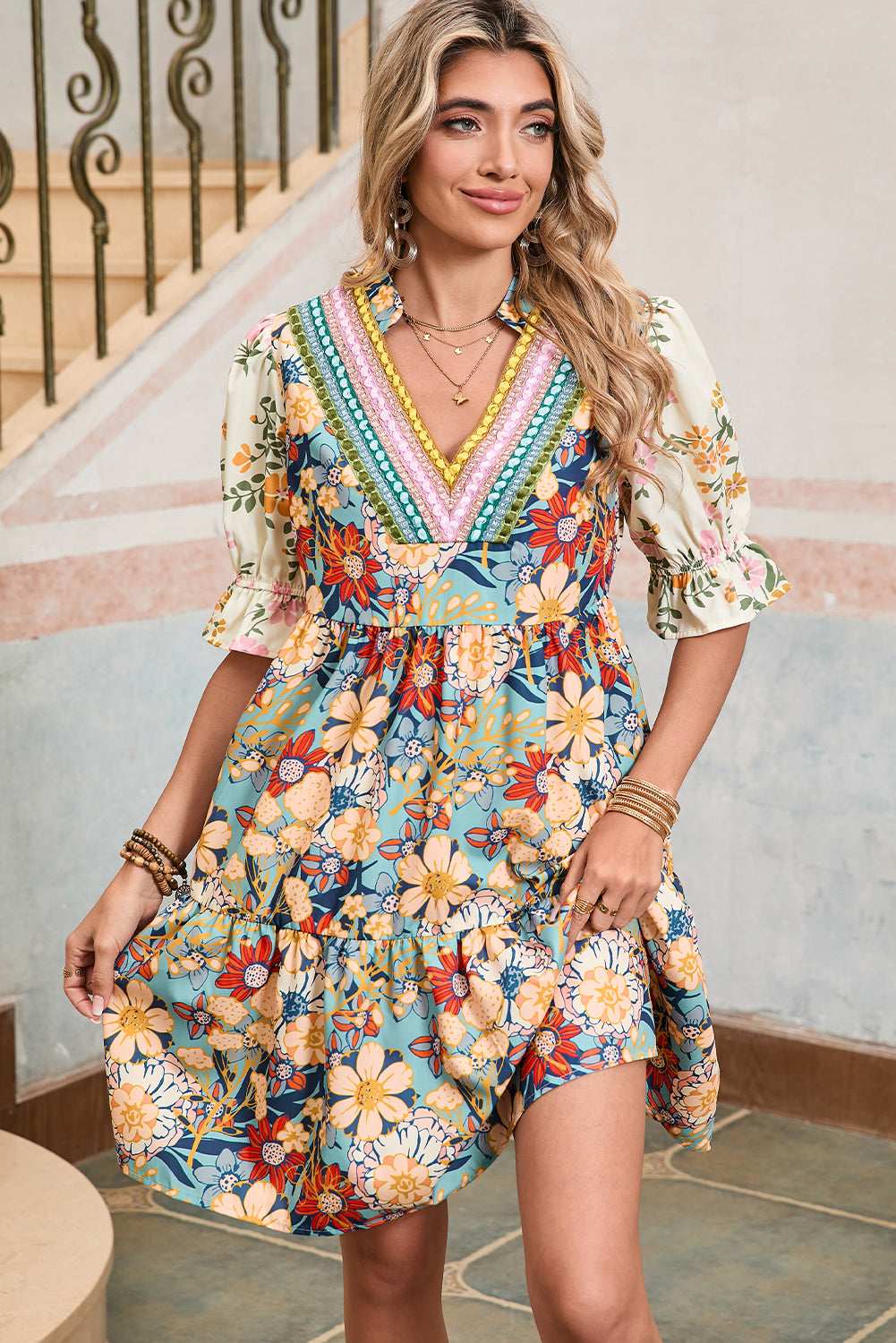 Multicolor Allover Floral Print Tiered Pop of Color Neckline Dress 00008c3291a4711e-_4