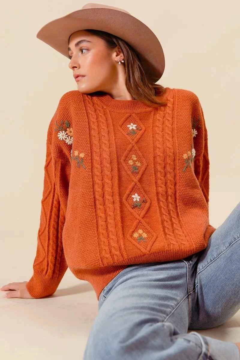 SO ME Embroidered Flower Cable Knitted Sweater 0016678bb8514c3b8ea4a3971673247b-Max-Origin