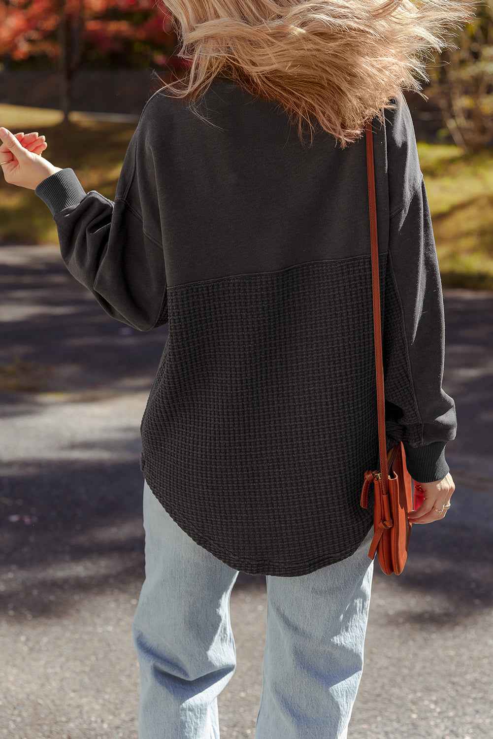 Carbon Grey Waffle Knit Patchwork Half Zipped Casual Sweatshirt 00277579c46c0cad
