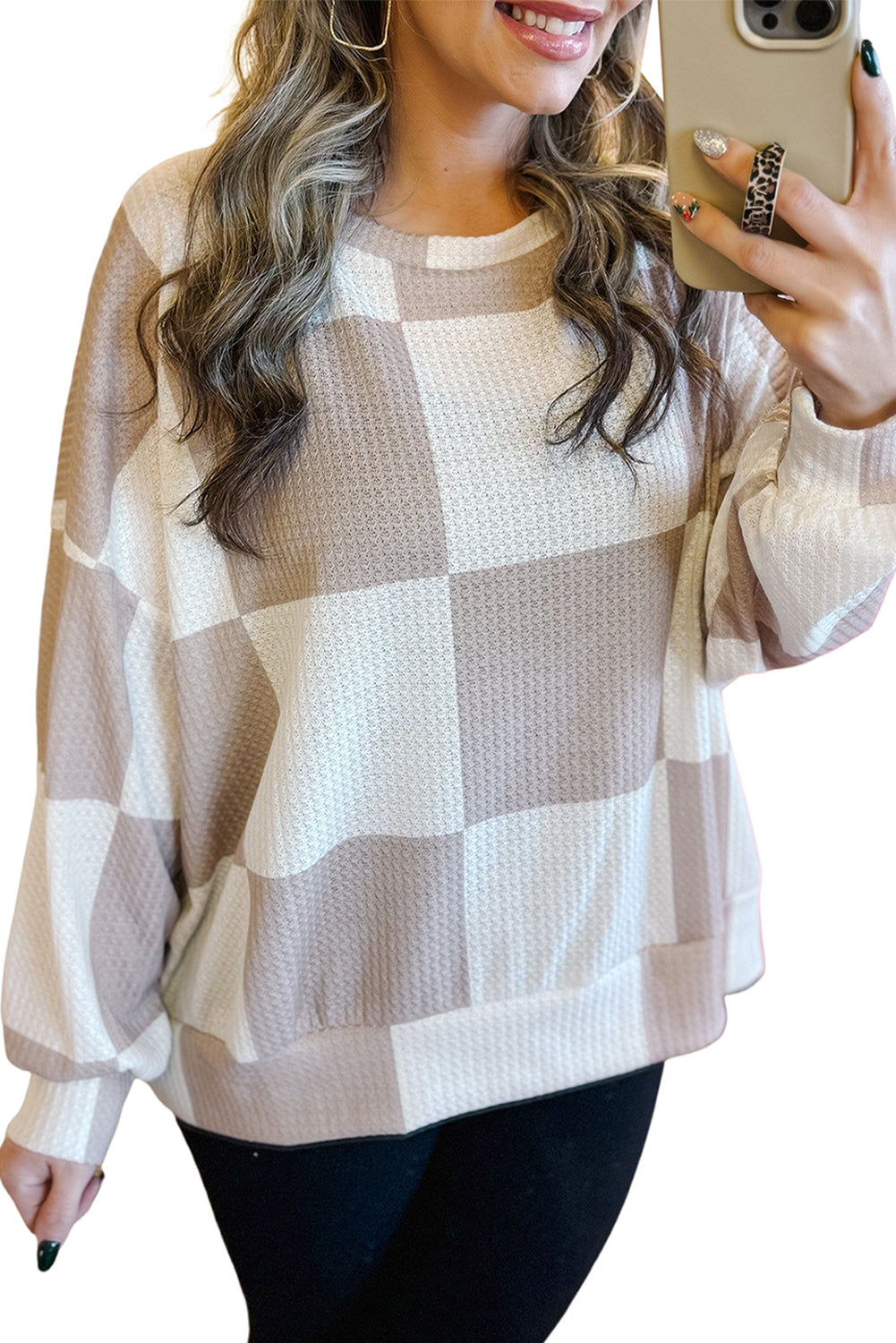 Khaki Breathable Textured Checkered Long Sleeve Top 0027c14adf135adf