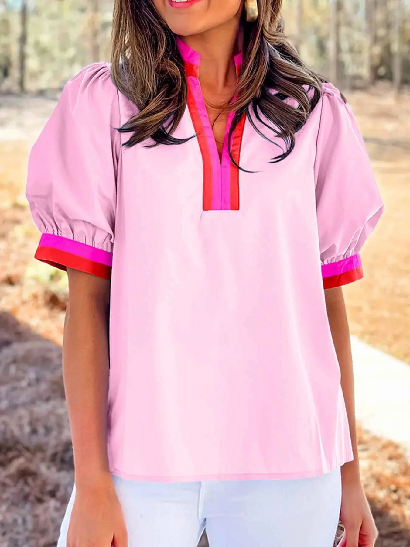 Contrast Trim Notched Short Sleeve Blouse Blush Pink 00c4063381874d8797e76f74ea76642a-Max-Origin