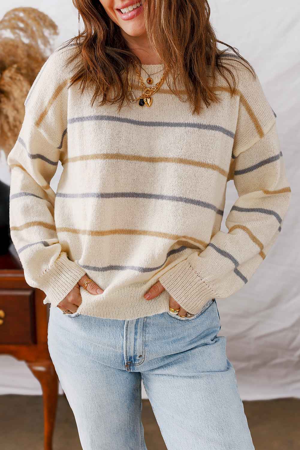 Multicolour Striped Ribbed Edge Drop Shoulder Sweater 010f2f4a21bd2a37