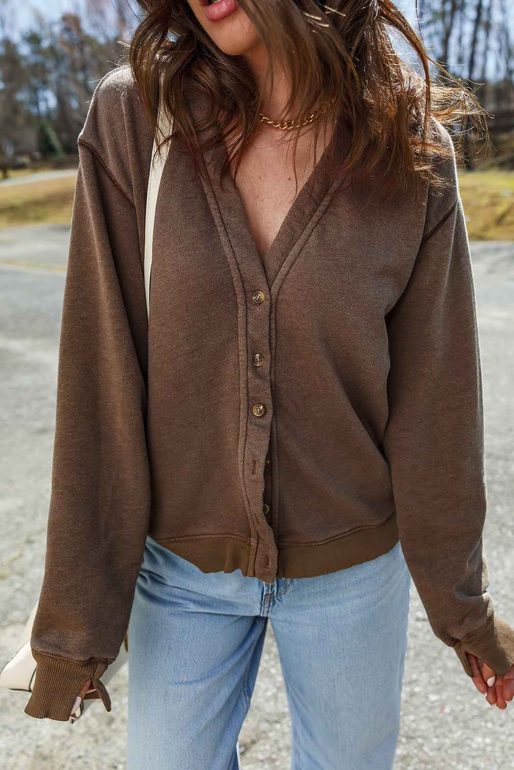 Coffee Button Front V Neck Casual Cardigan Coffee 65%Polyester+35%Cotton 0121cb511d5745d9