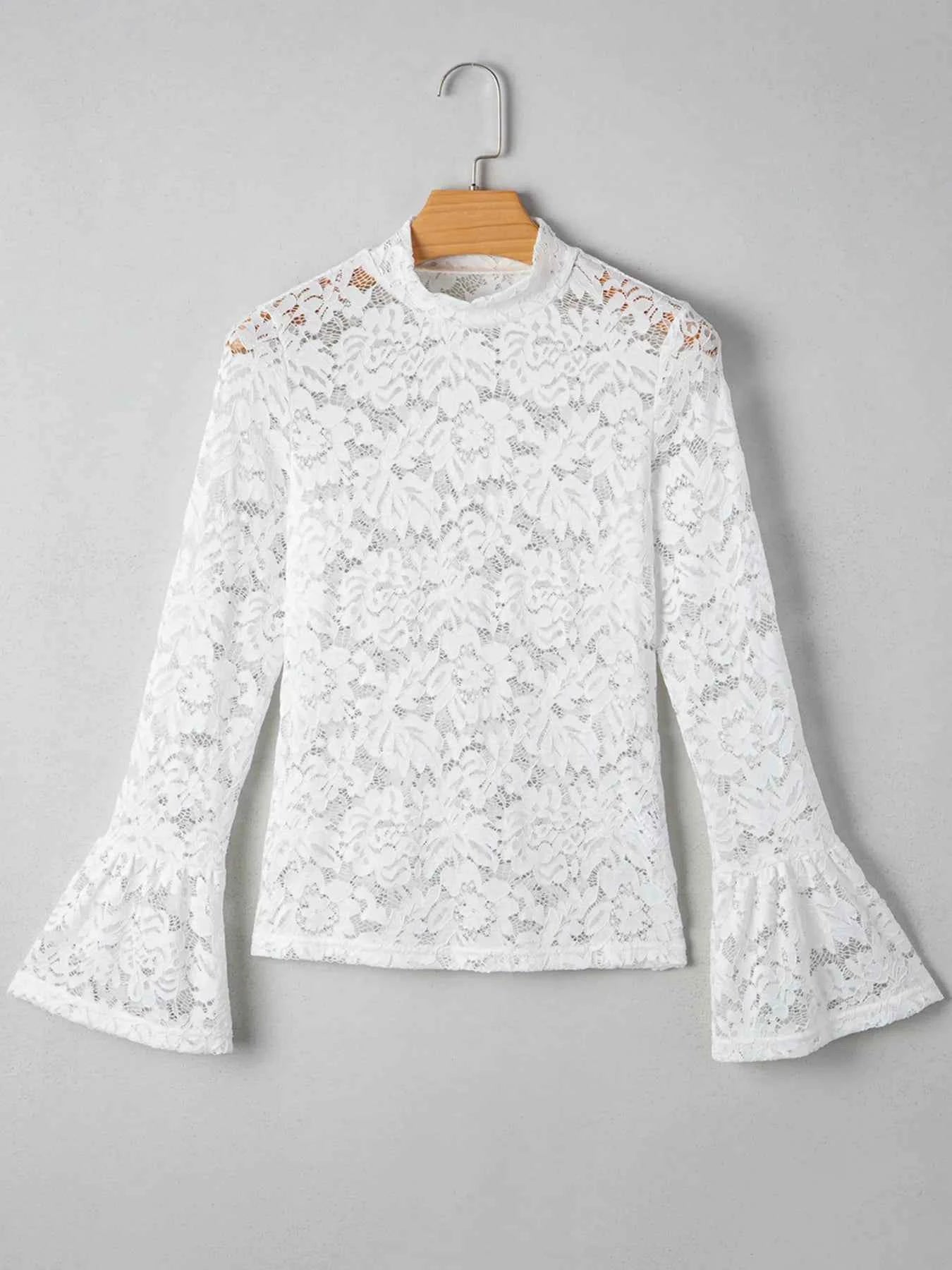 Lace Crochet Bell Sleeve Mock Neck Blouse 016eb6ab902841aaa28eff7617eddd50-Max-Origin