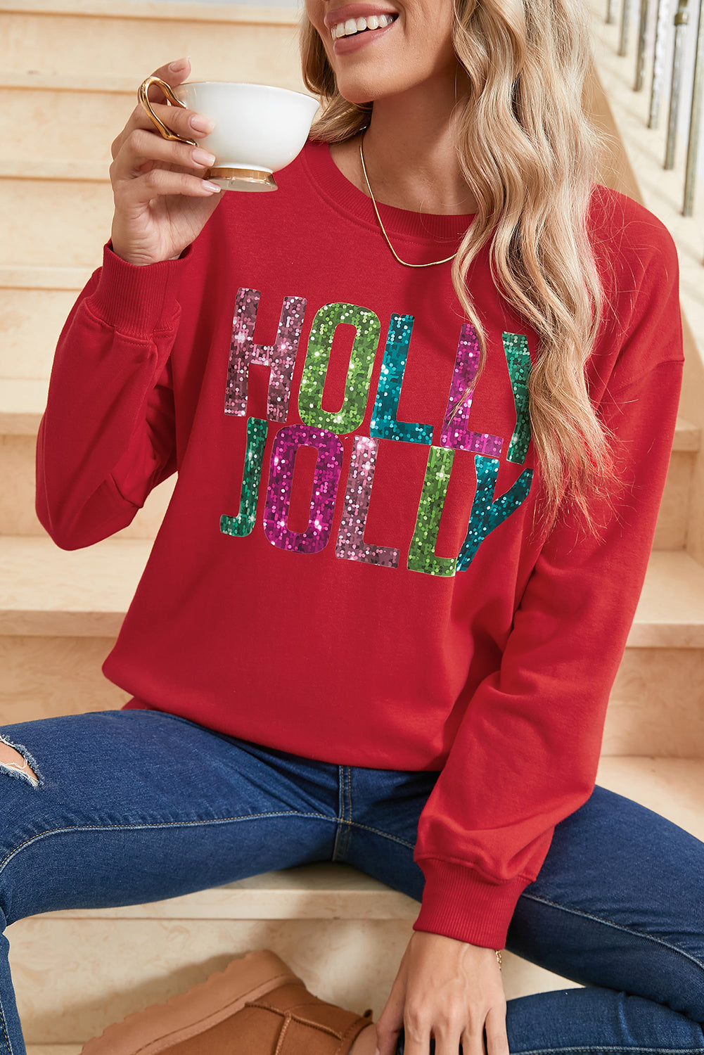 Red HOLLY JOLLY Heat Transfer Printing Graphic Christmas Pullover Sweatshirt 017eaf54bab1c3ae
