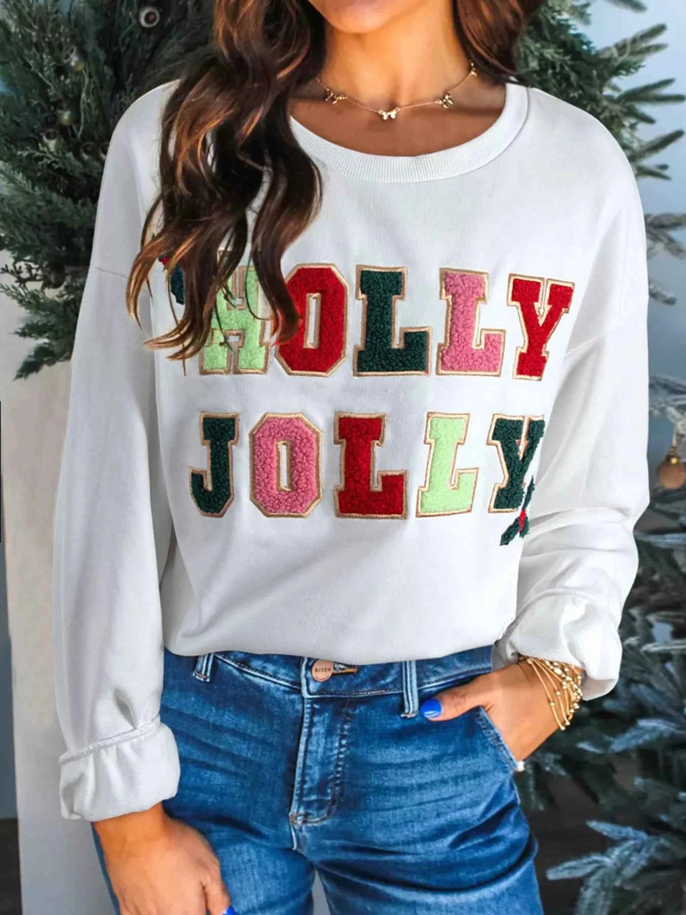 HOLLY JOLLY Embroidered Round Neck Sweatshirt White 018171426a9343b78628f8d80d63a8b3-Max-Origin