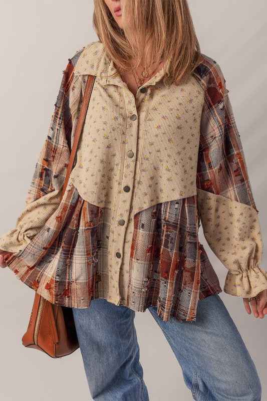 Boho Floral Plaid Patchwork Ruffle Sleeve Waffle S 018efe9d-ba32-49c3-ae03-0372072b4bea