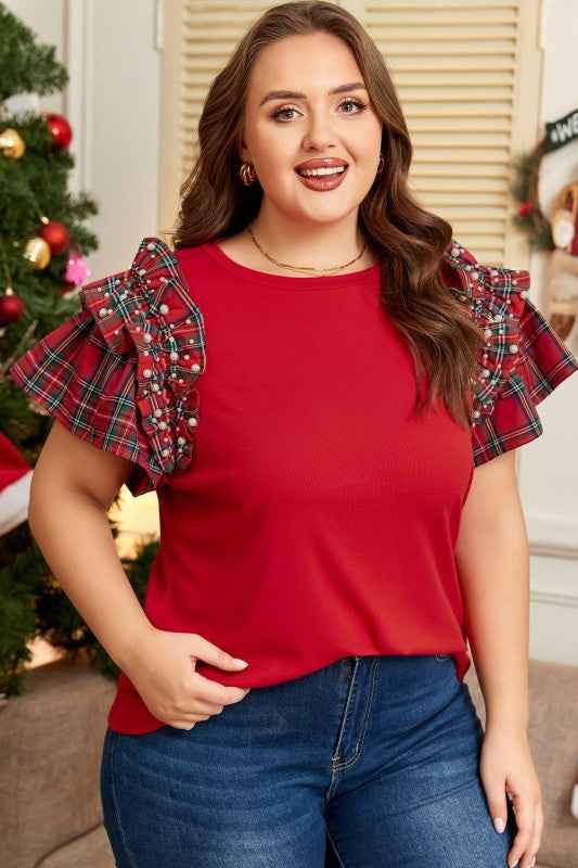 Plus Size Christmas Plaid Pearl Ruffle Sleeve Holi 01aab784-a9e5-448e-9820-fc07ab12cb64
