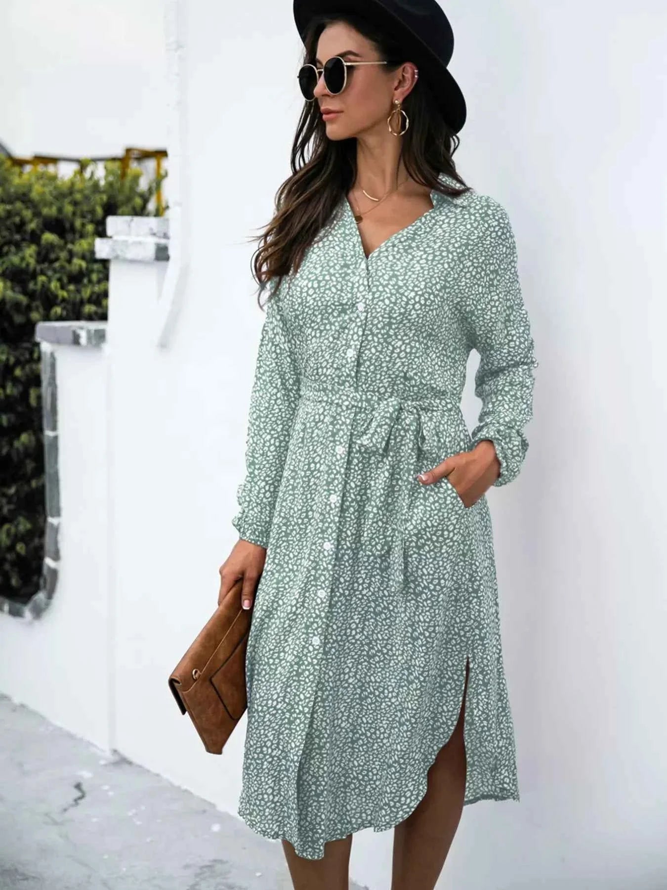 Button Down Printed Long Sleeve Shirt Dress Sage 01b983ac-1cc7-4de3-b450-7421373e270c-Max-Origin