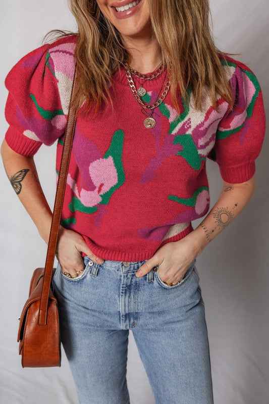 Floral Abstract Short Puff Sleeve Sweater 01eff466-8ee1-4fde-b16d-a71905434d1e