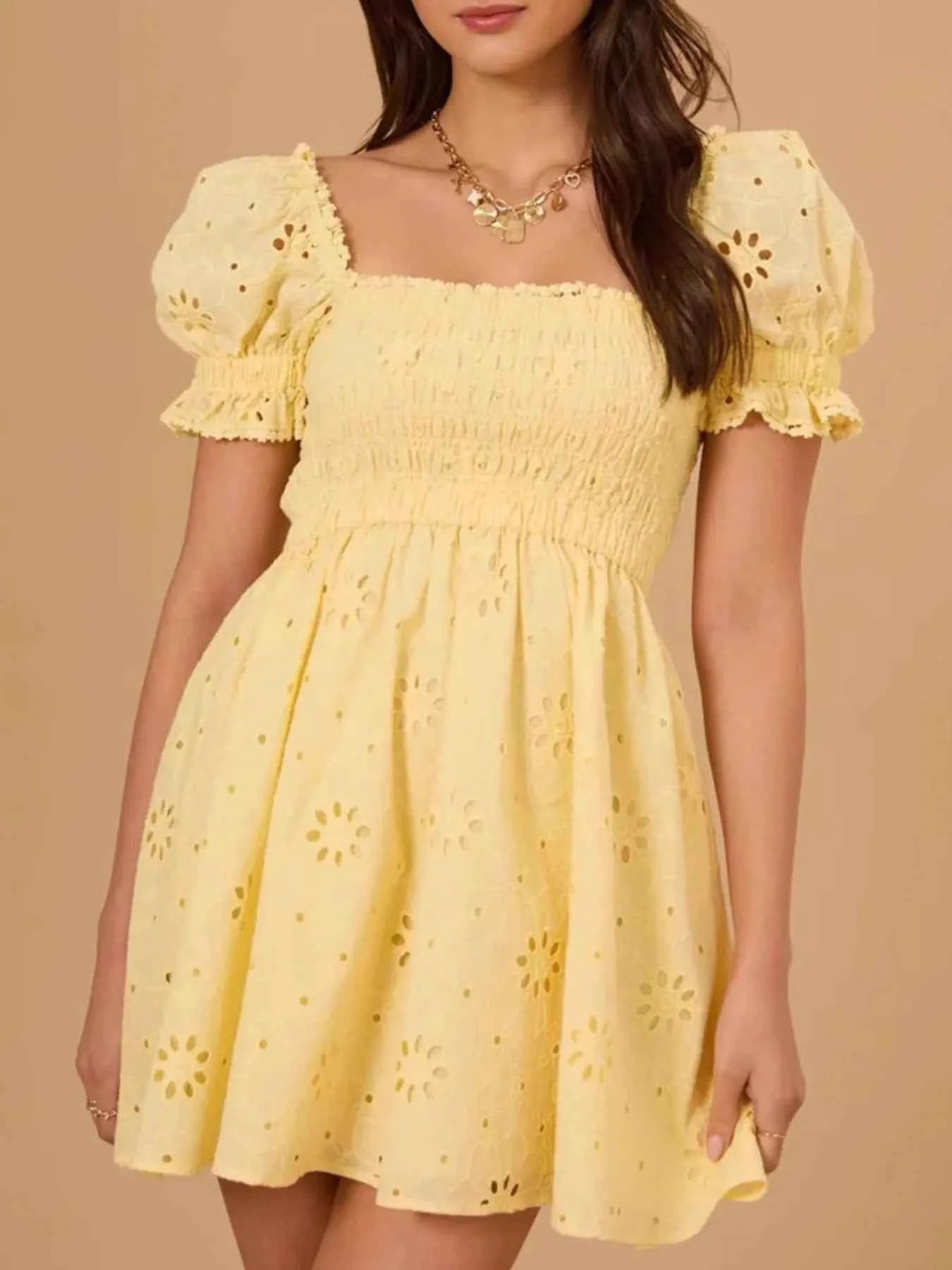 Eyelet Puff Sleeve Smocked Mini Dress Yellow 02020a61-36a7-4381-b48d-8f3cf8476487-Max-Origin