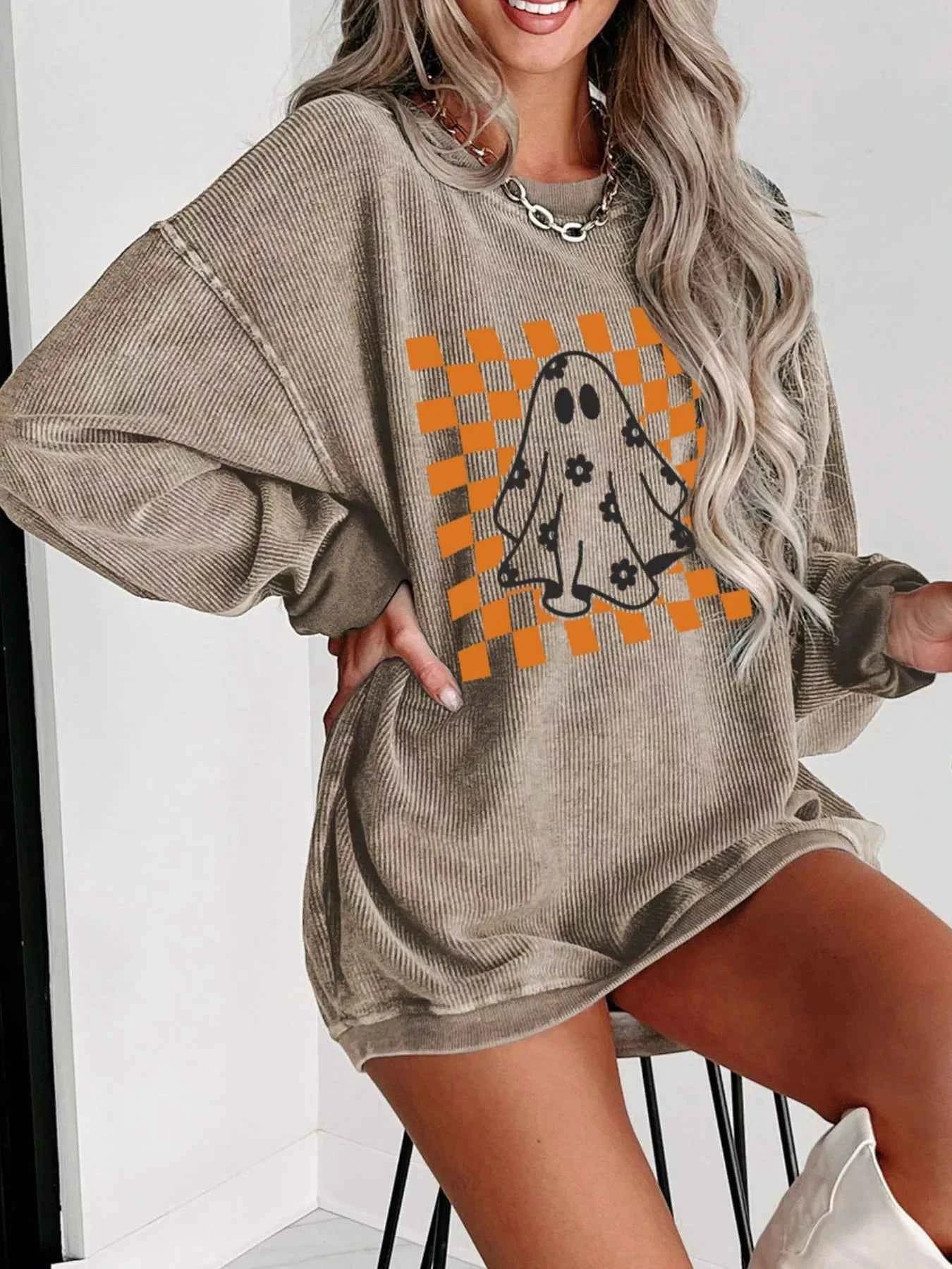 Halloween Checkerboard Floral Ghost Graphic Corded Sweatshirt Khaki 02056464-5ac5-46f9-95ce-cea74392eae5-Max-Origin