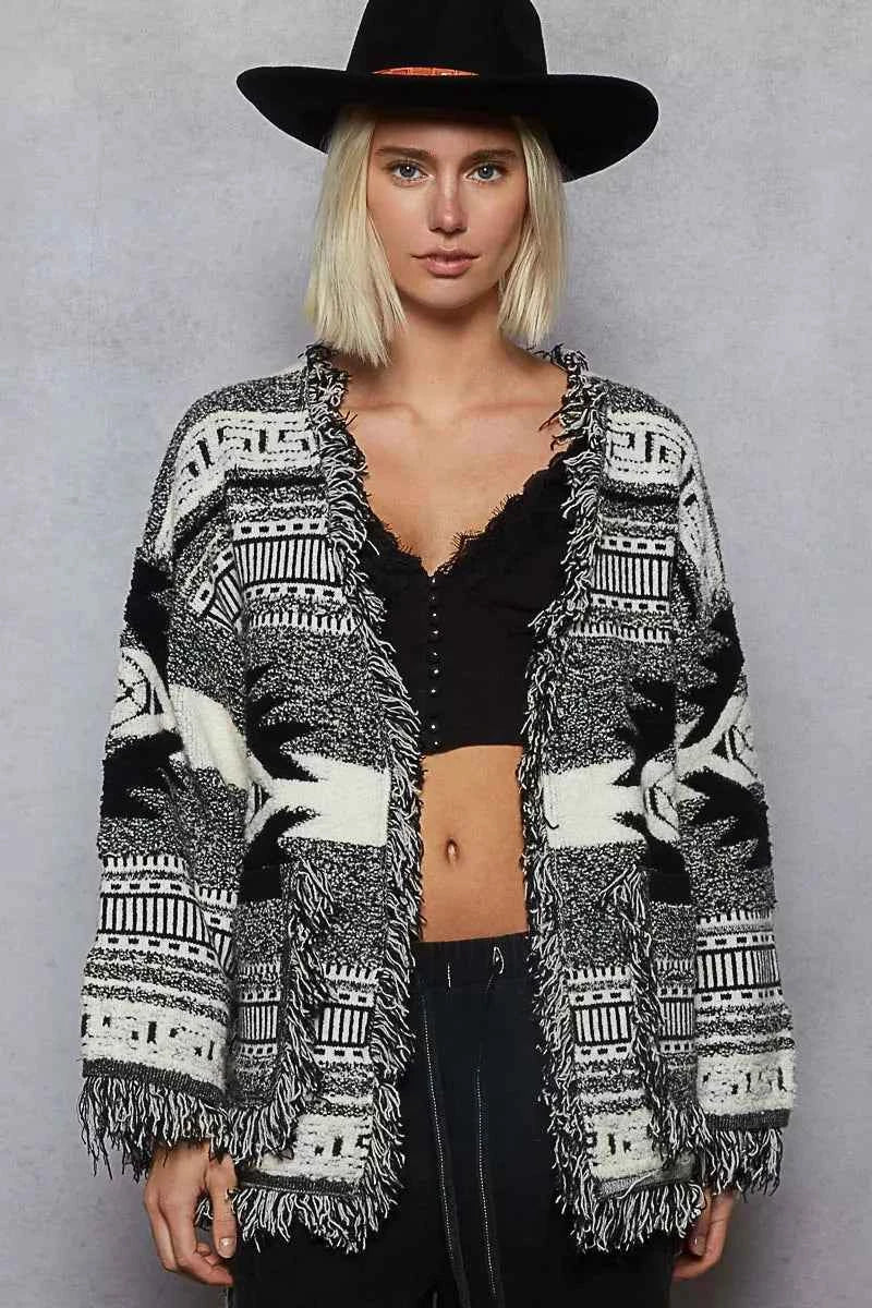POL Open Front Geometric Print Cardigan with Fringe Detail BLACK MULTI 022cc783-8200-4763-9cf2-99c7464b6b0b-Max-Origin