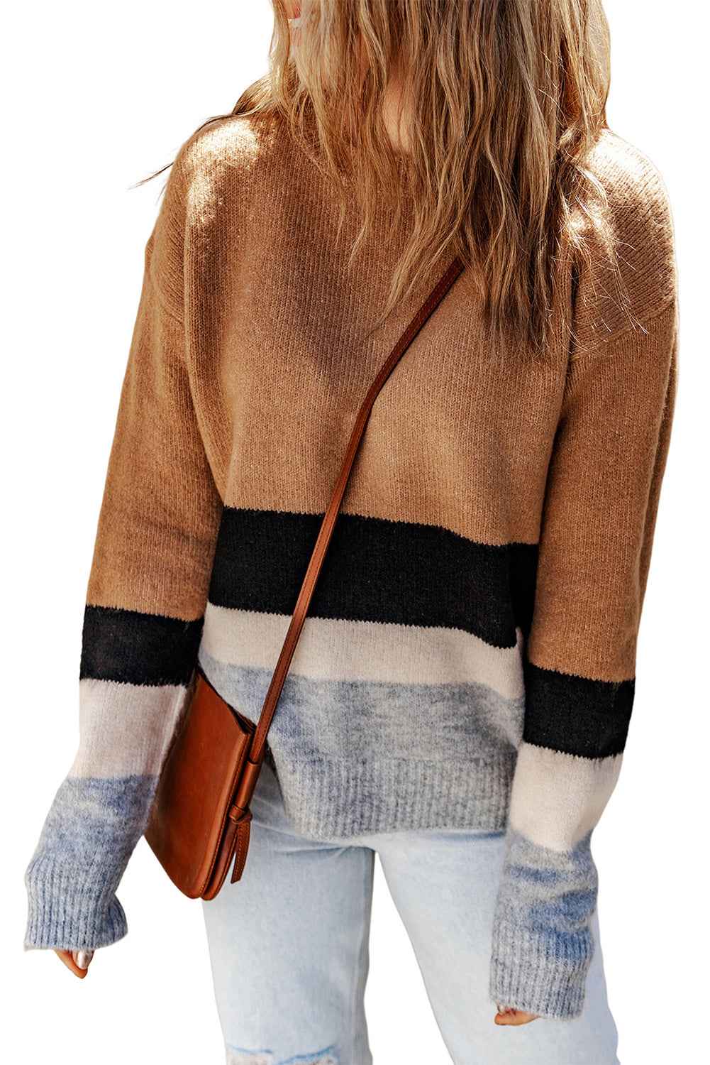 Brown Casual Striped Colorblock Ribbed Knit Sweater 0257de3e630ad4e6