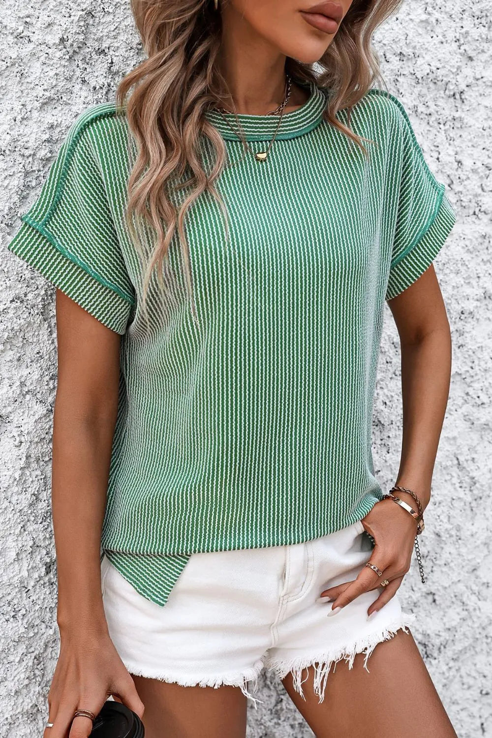 Mandy Striped Round Neck Short Sleeve T-Shirt Green 028dce6a-646e-487a-a653-9b38f363d3d3-Max