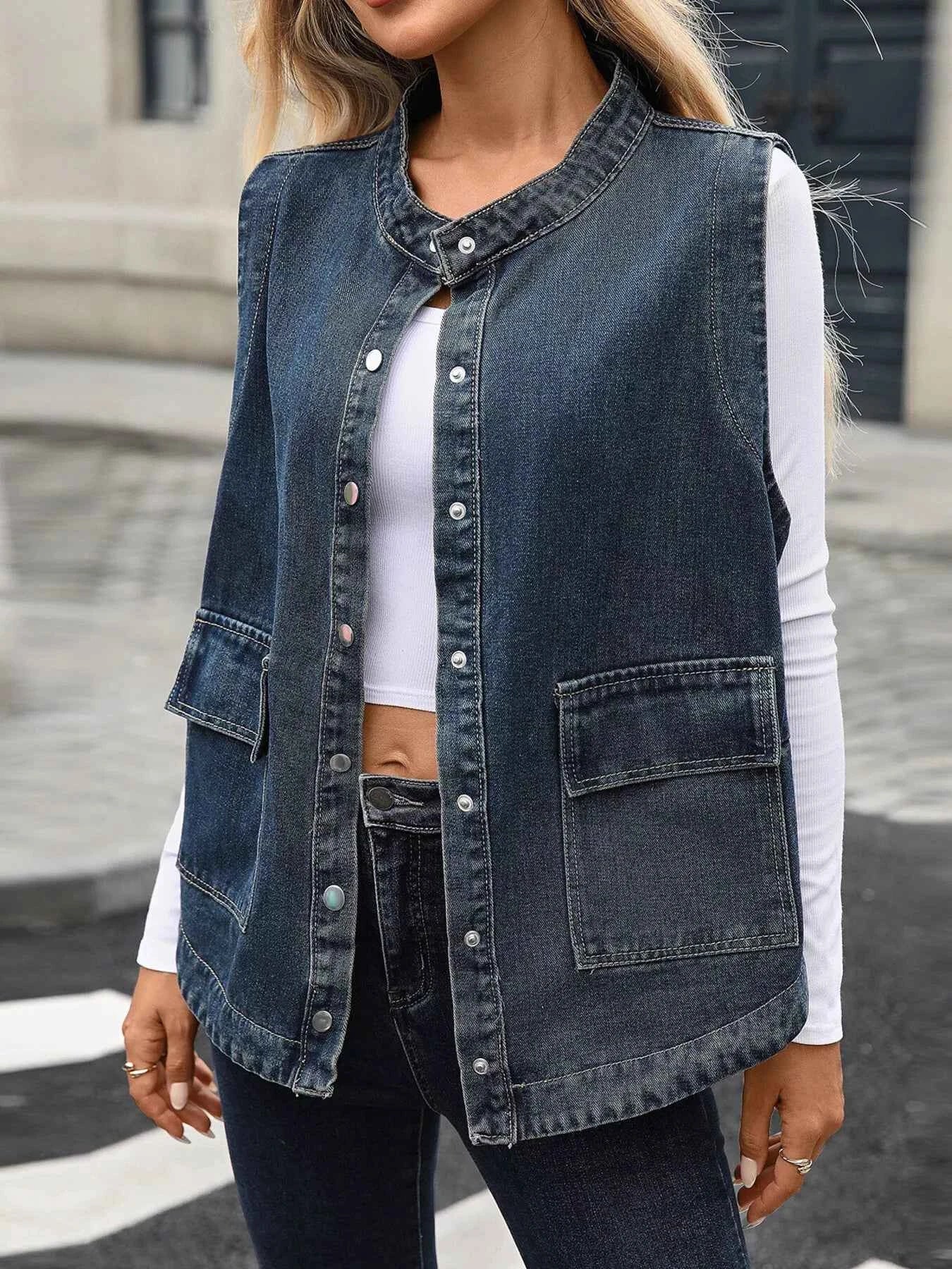 Snap Down Sleeveless Denim Jacket 02b9943af0a145d7b20ae0e27c405803-Max-Origin