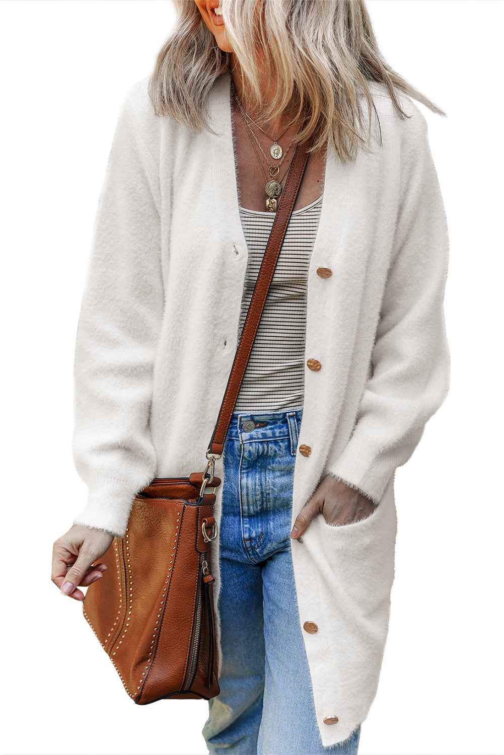 White Fuzzy Buttoned Front Midi Solid Cardigan 03150ce593c60425