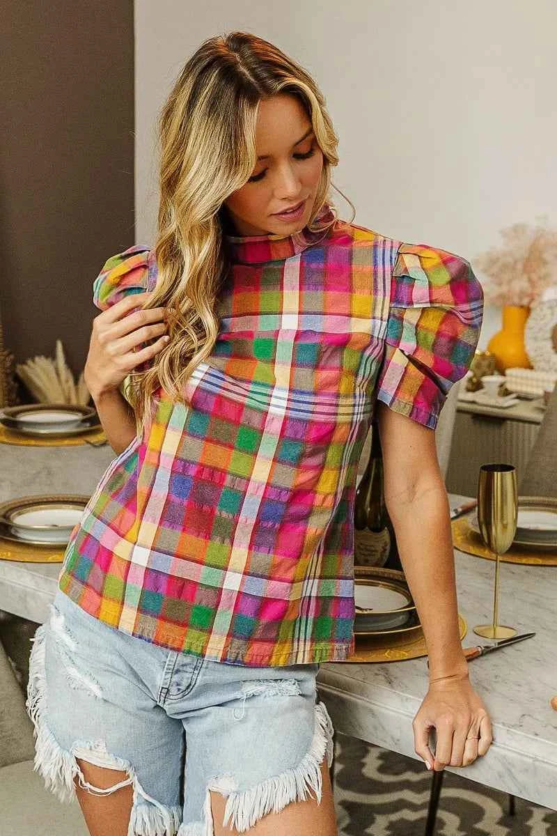 BiBi Short Puff Sleeve Washed Vintage Plaid Top 03b03be284b642fa8c81876c9ee40e14-Max-Origin