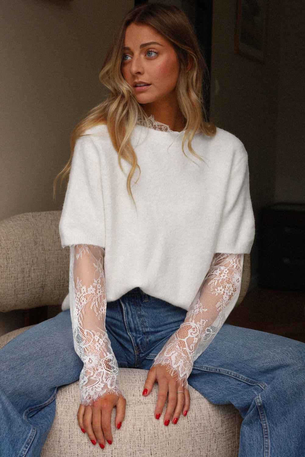 Beige Lace Sleeve Patchwork Faux Two-piece Fuzzy Sweater 03c9bd4e02b5dfa0