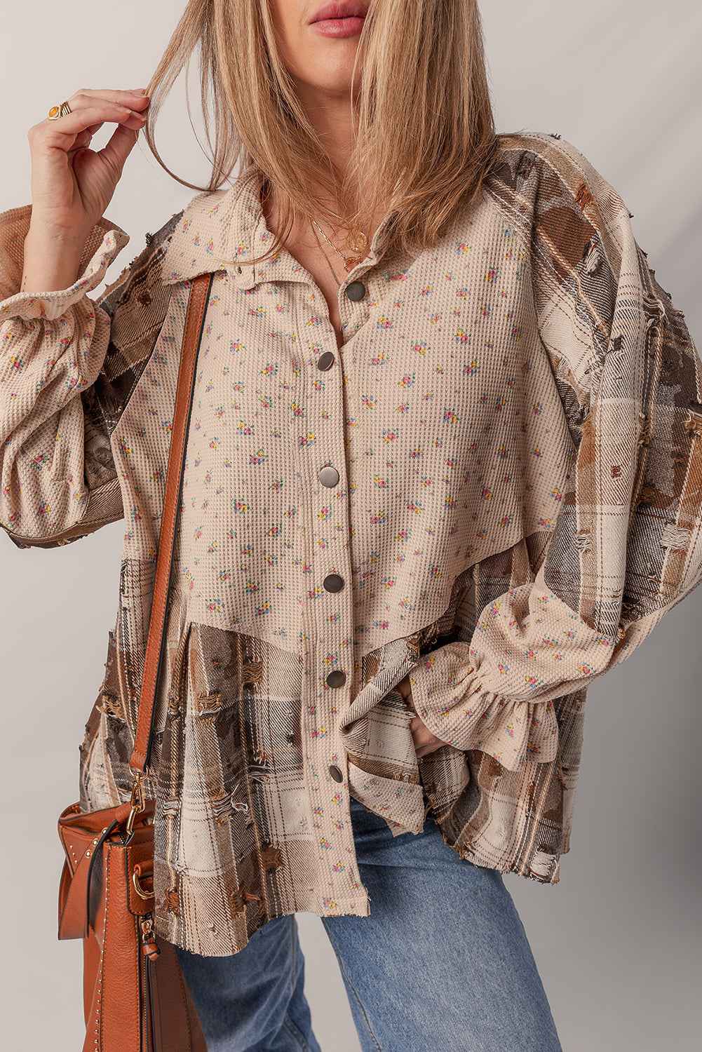 Ashleigh Blue Floral Plaid Patchwork Waffle Distressed Jacket 03cd5e3d126476ca