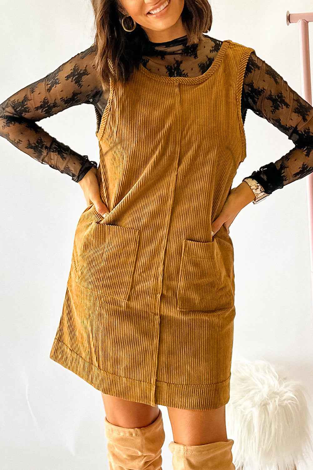 Rose Red Corduroy Exposed Seam Sleeveless Mini Dress Beige 100%Polyester 03e3b05551bc9436