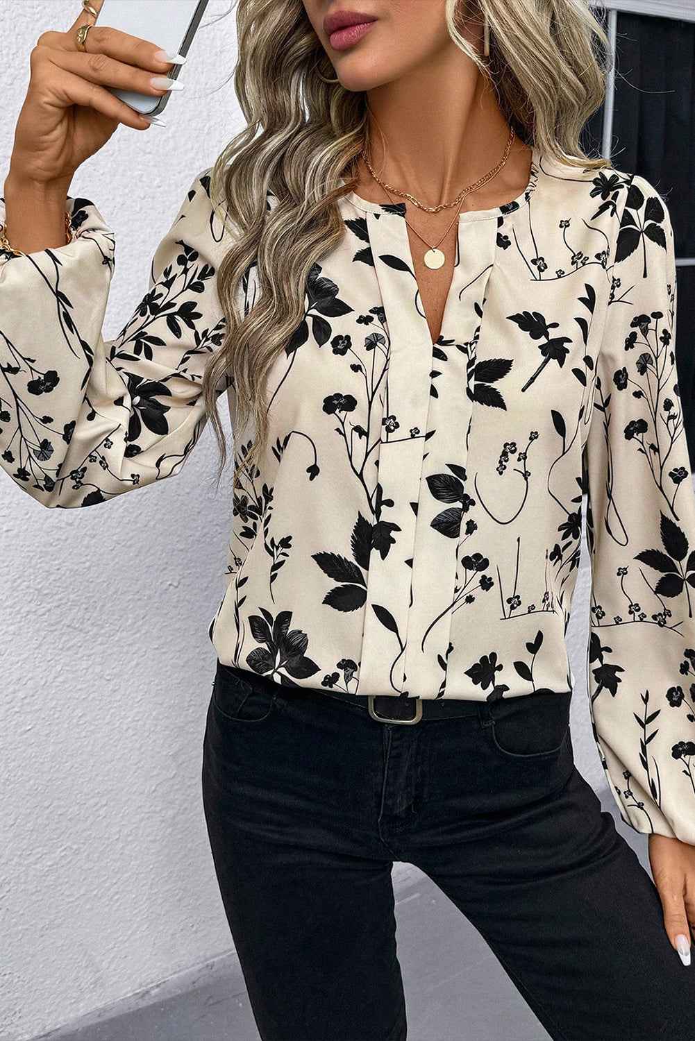 Khaki Botanical Floral Print Split Neck Long Sleeve Blouse 040f010286d422e7