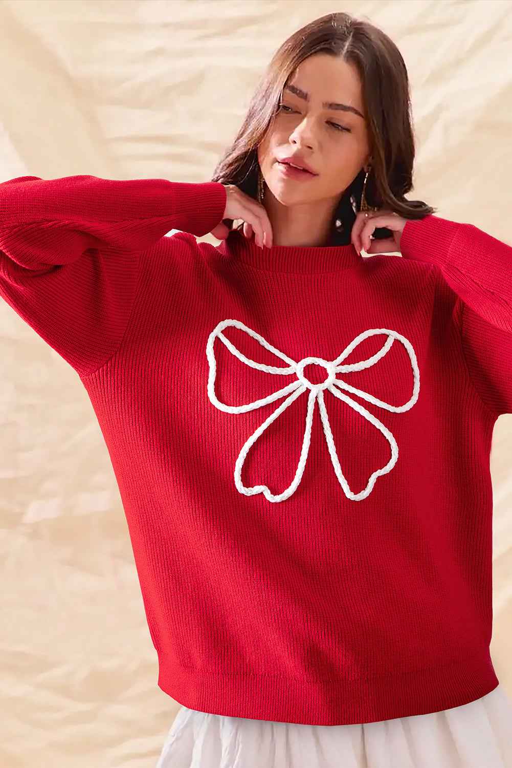 Fiery Red Braided Bow Pattern Sweater 0441c04b2212e36b