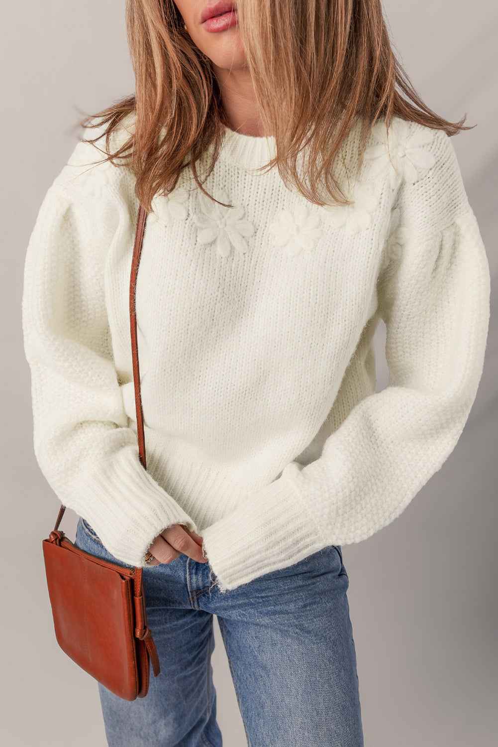 White Flower Detail Round Neck Contrast Textured Puff Sleeve Sweater 0448e5e550fef316