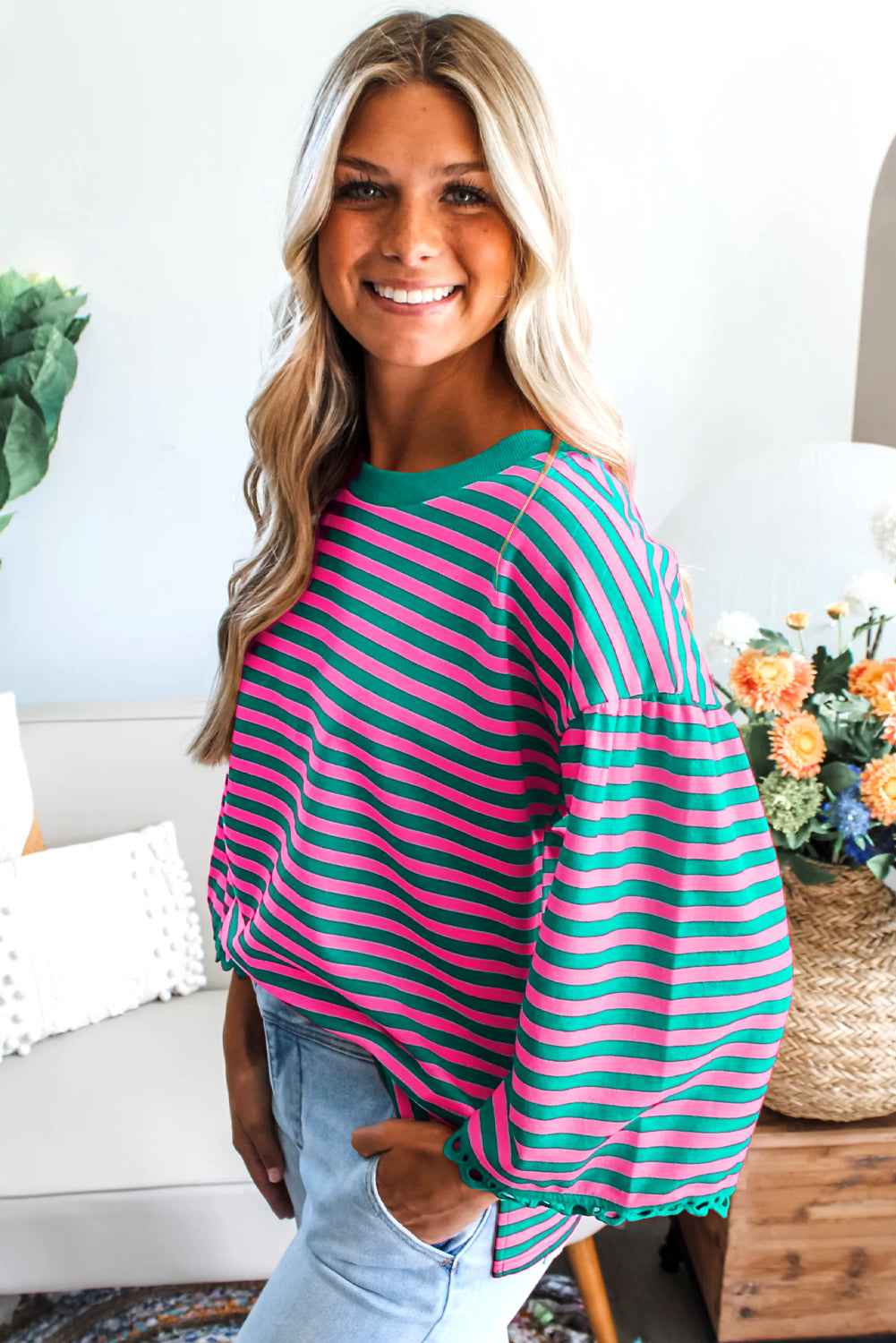 Sachet Pink Striped Round Neck Contrast Trim Bell Sleeve Top 0450400a7b712112