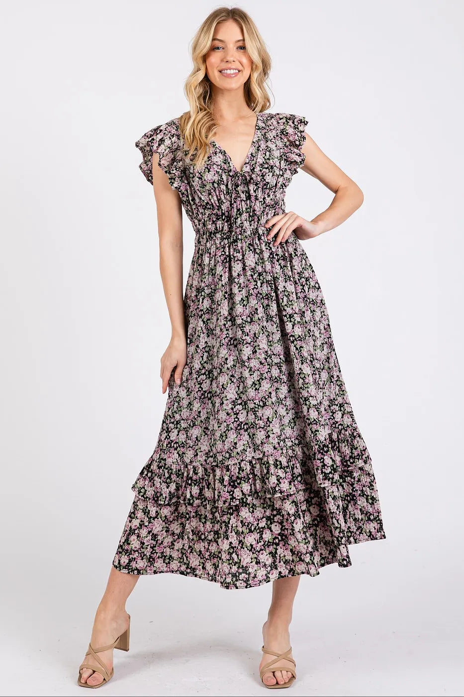 Mittoshop Flower Print Ruffle Cap Sleeve V-neck Midi Dress BLACK 048411df67ed41f7bcece6287d2d77bf-Max-Origin