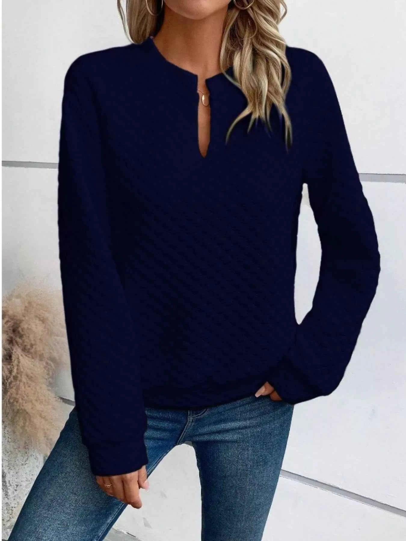 Textured Notched Long Sleeve Sweatshirt Navy 04e751ad-fc8a-4c04-ad38-90d3364071c9-Max-Origin