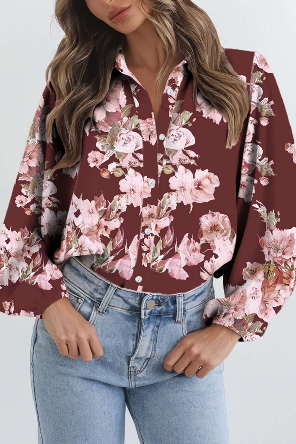 Brown Floral Puff Sleeve Lightweight Shirt Brown 100%Polyester 051c7d29bacb6c15