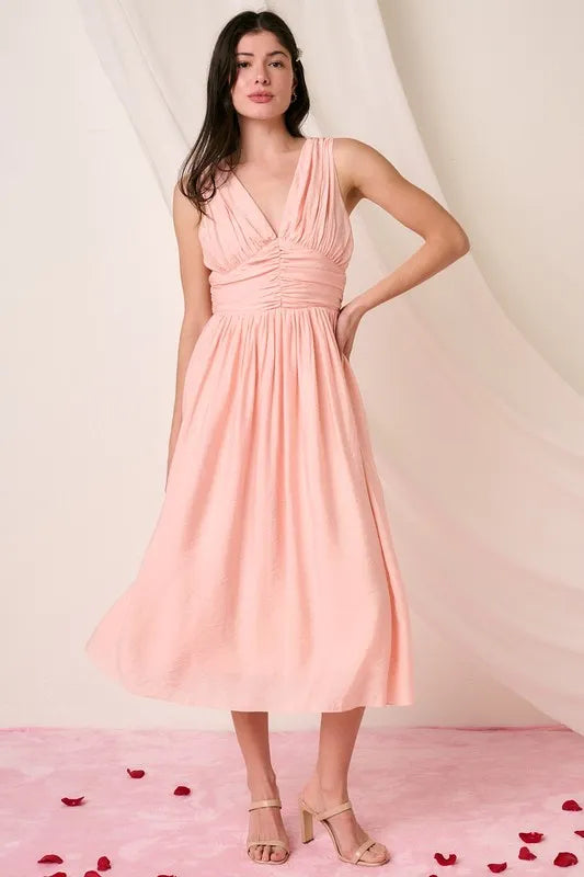 Mittoshop Ruched V-Neck Sleeveless Midi Dress 055a5d9e-f04d-4794-8ab1-c7bcedf4af3d-Max