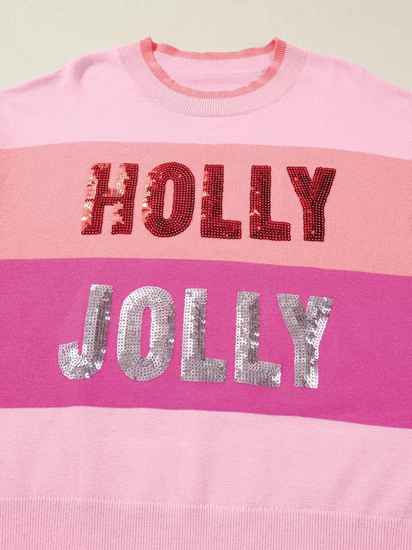 Sequined HOLLY JOLLY Color Block Crew Neck Sweater 055f0141533945049aa39abcdc5ecb95-Max-Origin
