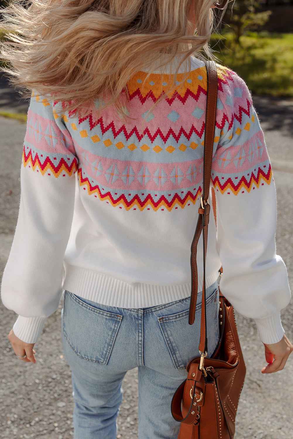 White Ethnic Geometric Colorblock Pattern Drop Shoulder Sweater 05c5ccffcc9dc3a6