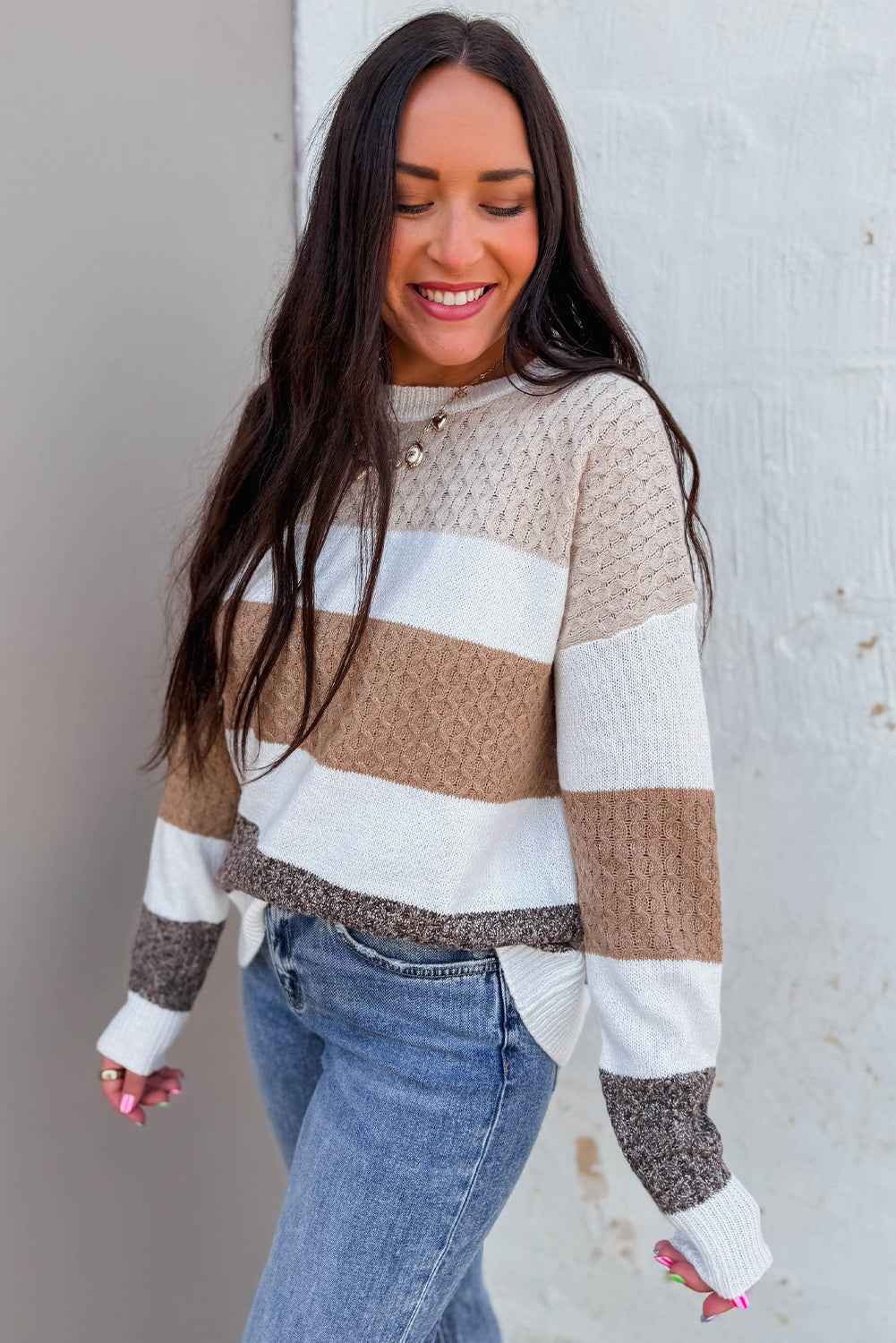 Brown Mixed Texture Knit Striped Colorblock Loose Sweater 05fadc41af4c2e55