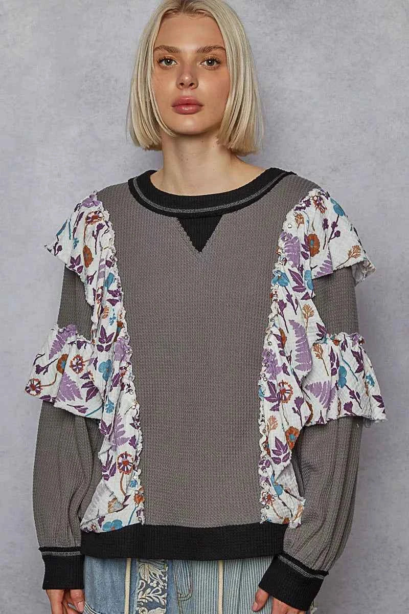 POL Round Neck Sweater with Floral Ruffle Detail