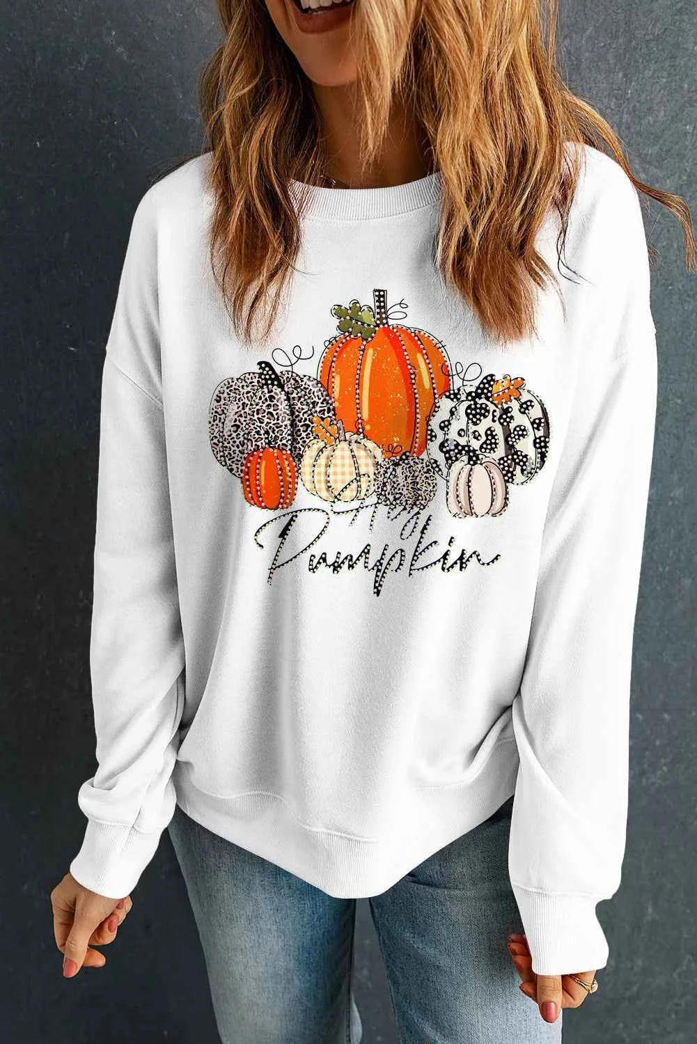 Pumpkin Graphic Round Neck Dropped Shoulder Sweatshirt 0628ef5c-69ad-47d8-9088-ba0e3e5d370a-Max