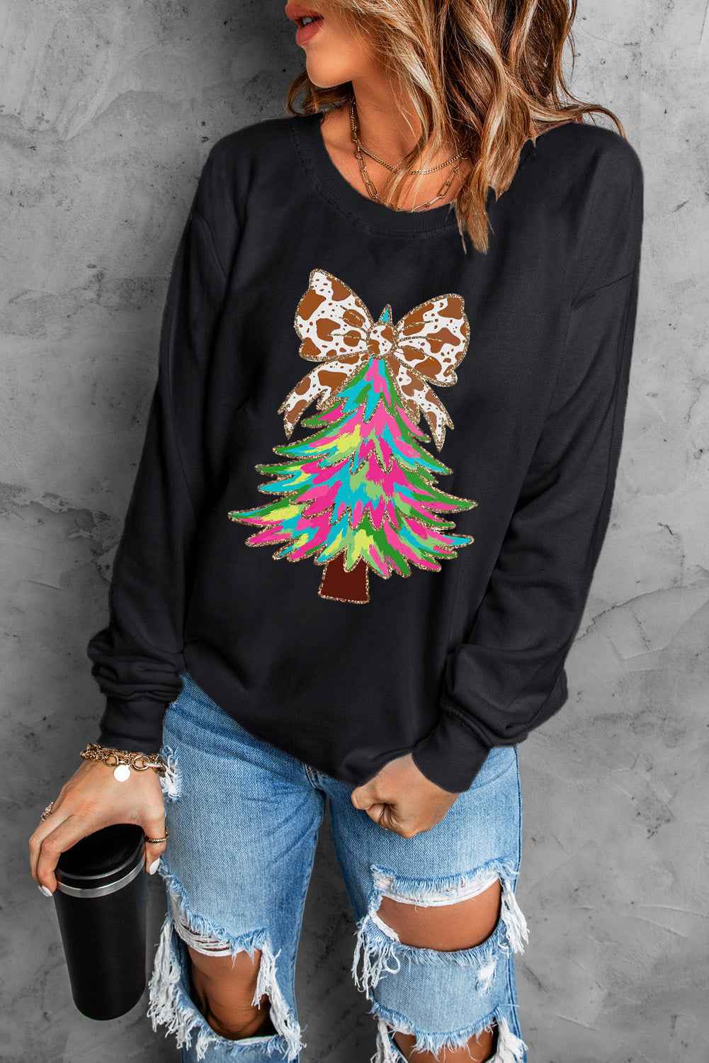 Black Shiny Bowknot Christmas Tree Graphic Heat Transfer Printing Round Neck Sweatshirt 062cec8e8d0995ee