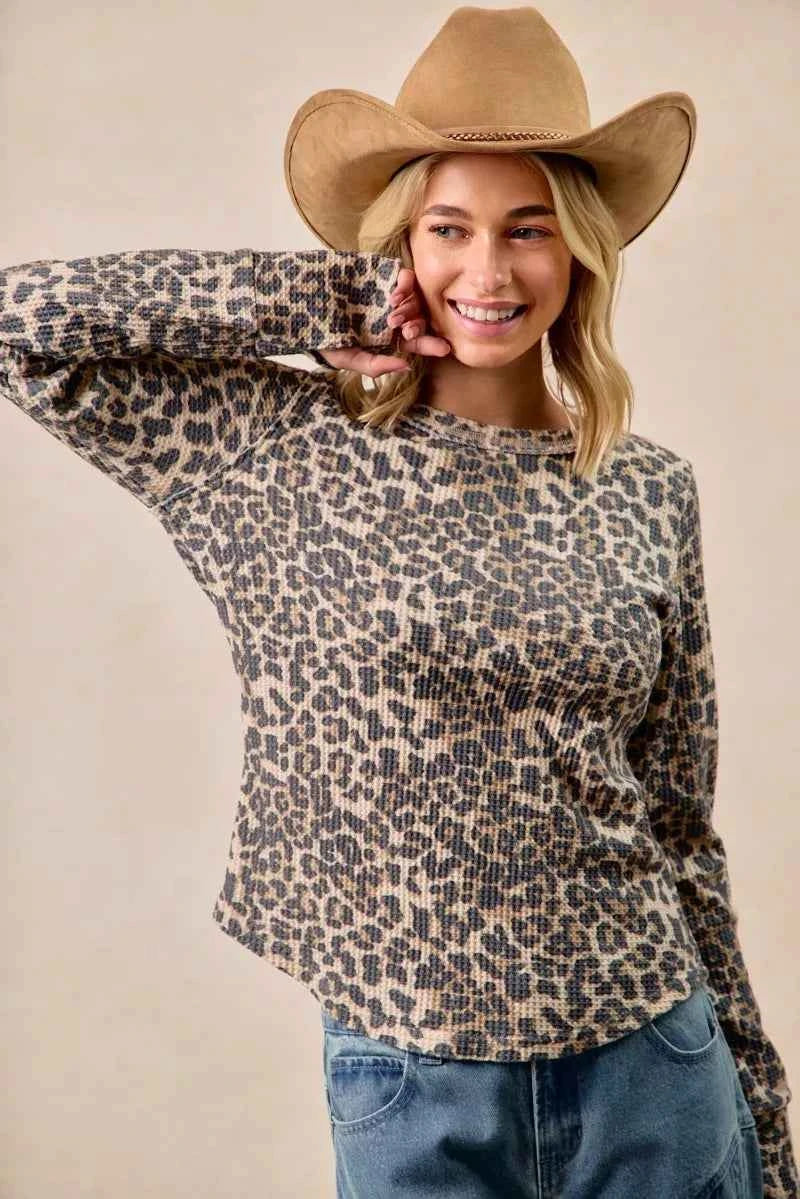 BiBi Leopard Print Washed Waffle Thermal Top with Thumb 06e461f589564ec4a0da098b09124d8b-Max-Origin