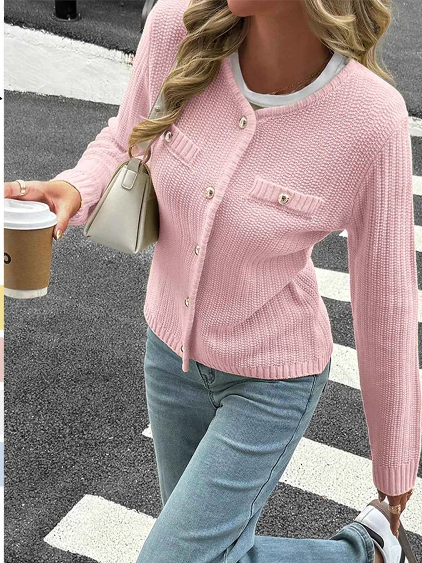 Button-Front Ribbed Long Sleeve Cardigan Pink 07e363802dad44788446796902b672be-Max-Origin