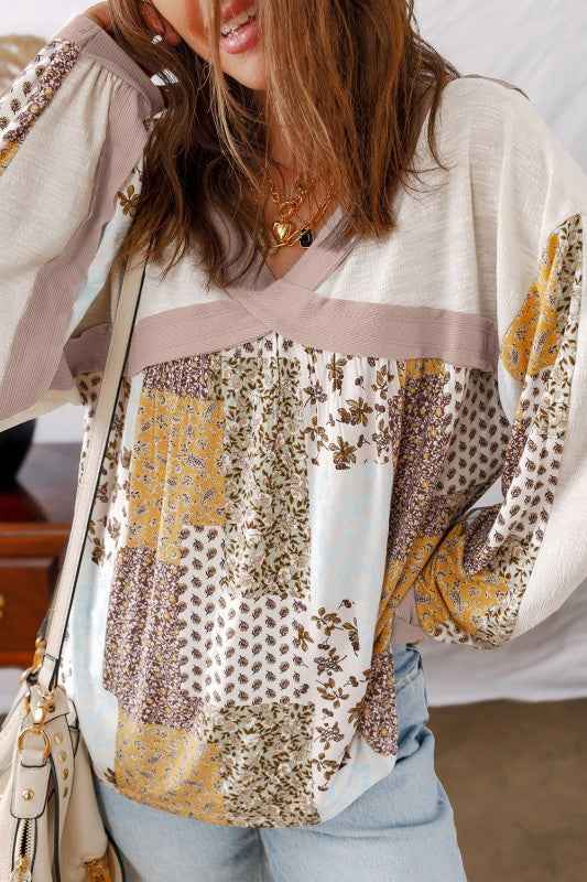 Floral Patchwork Long Sleeve Blouse 07e5878d-c8d6-4850-aa4f-e8487e208b5b