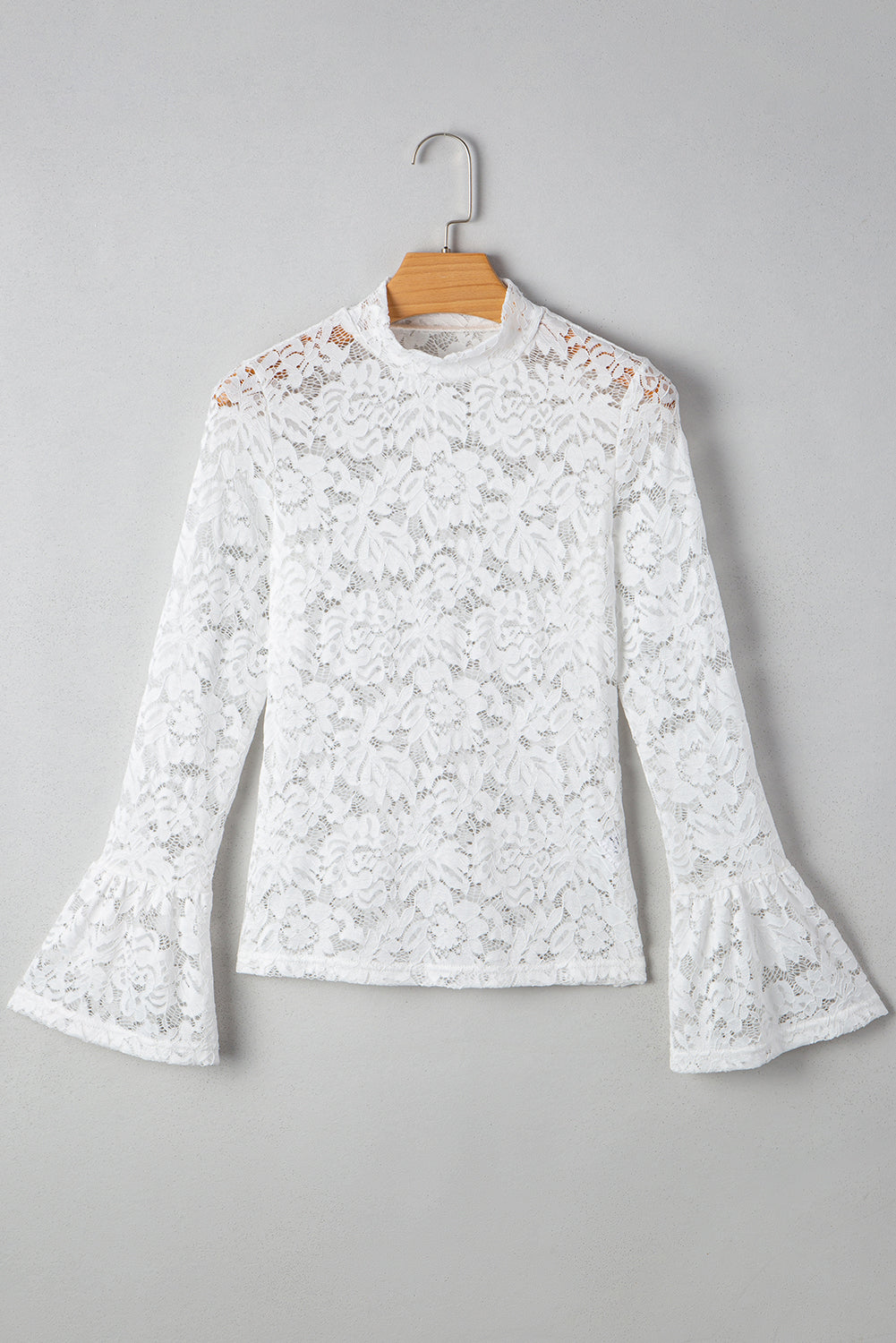White Lace Crochet Bell Sleeve Mock Neck Blouse 07f439746fe47181