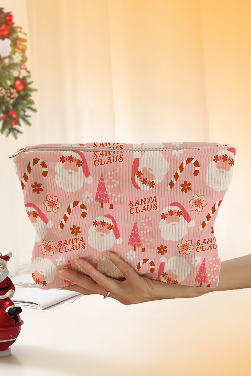 Pink Christmas Santa Claus Corduroy Zip Up Cosmetic Bag