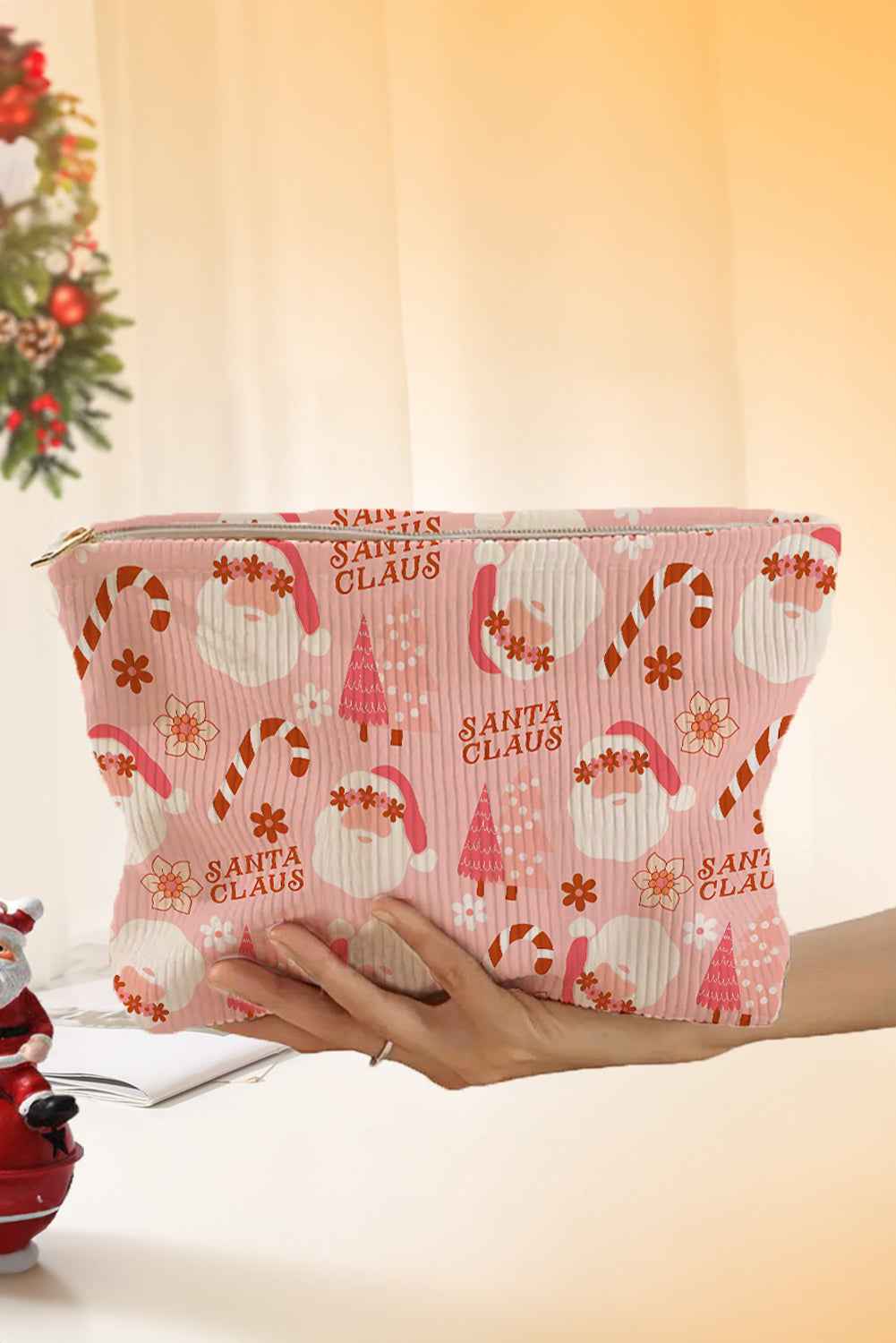 Pink Christmas Santa Claus Corduroy Zip Up Cosmetic Bag Pink ONE SIZE Corduroy 082140d9512446a0
