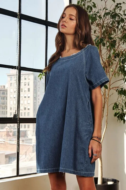 ADORA Raw Hem Mini Denim Dress with Pockets 082612f8-fae0-46ba-b24d-1eaf47799c58-Max