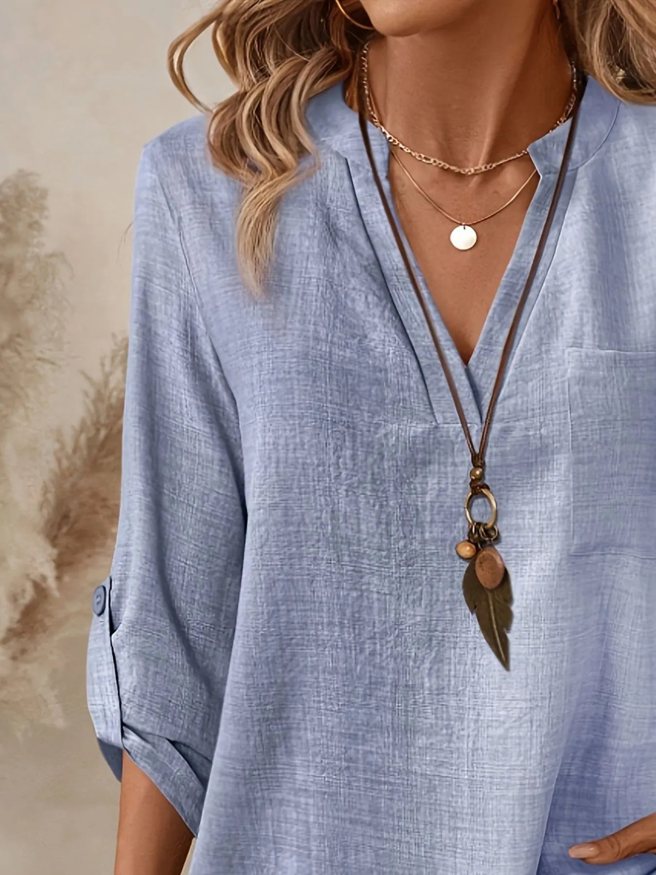 Notched Roll-Tab Sleeves Blouse Grey 08812a52-5f4d-4374-afdd-580bff0297ee-Max-Origin