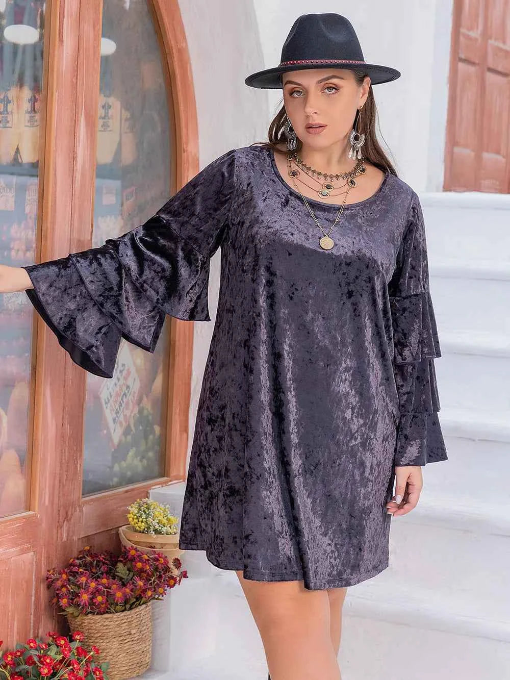 Plus Size Round Neck Flounce Sleeve Mini Dress 08a97cb4-80f0-497e-b55e-0d9a3c75ad3c-Max