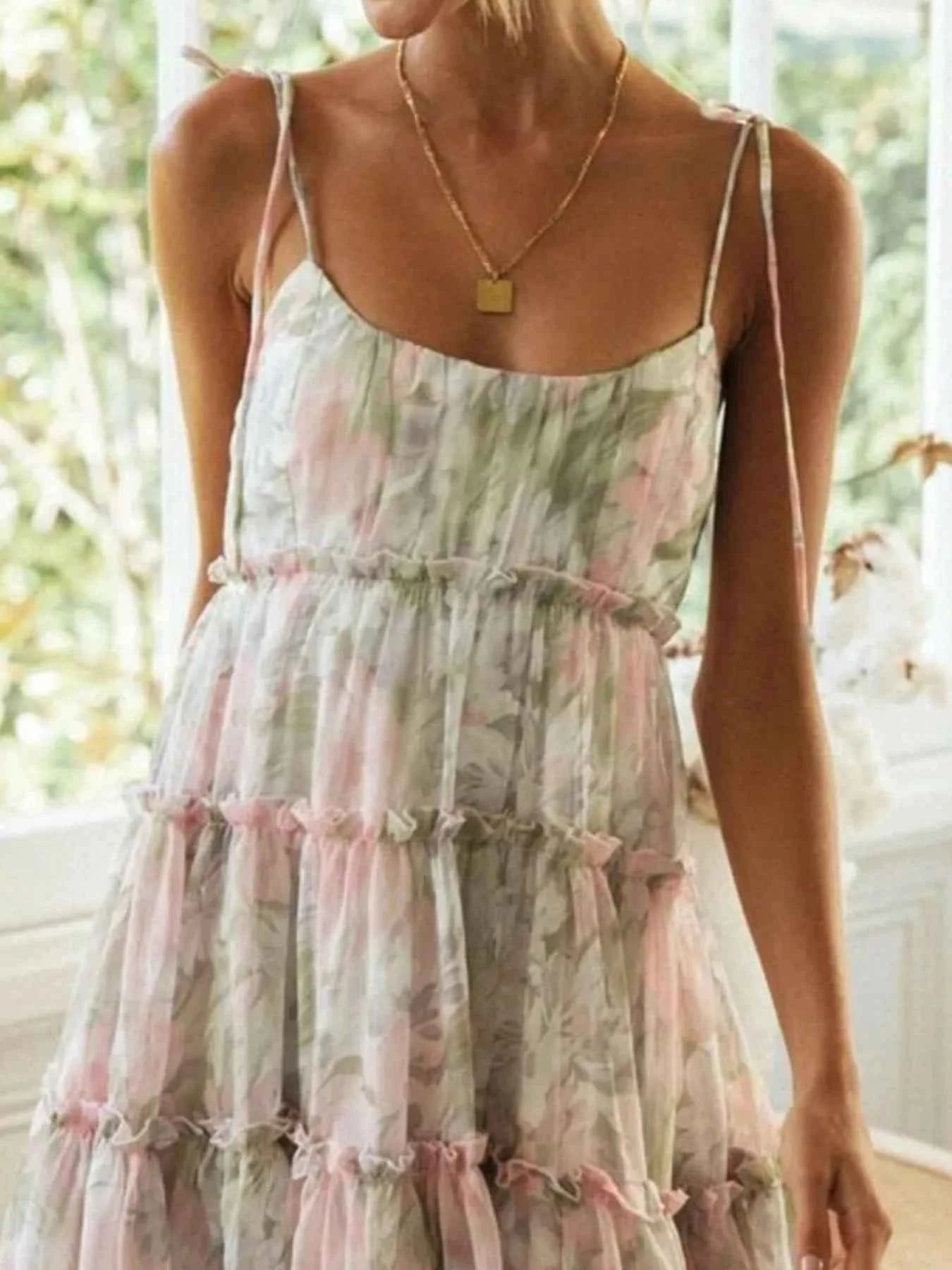 Printed Tie-Strap Tiered Mini Dress Sage 08bec15e-b70a-404d-b73c-5044bc0c955c-Max-Origin