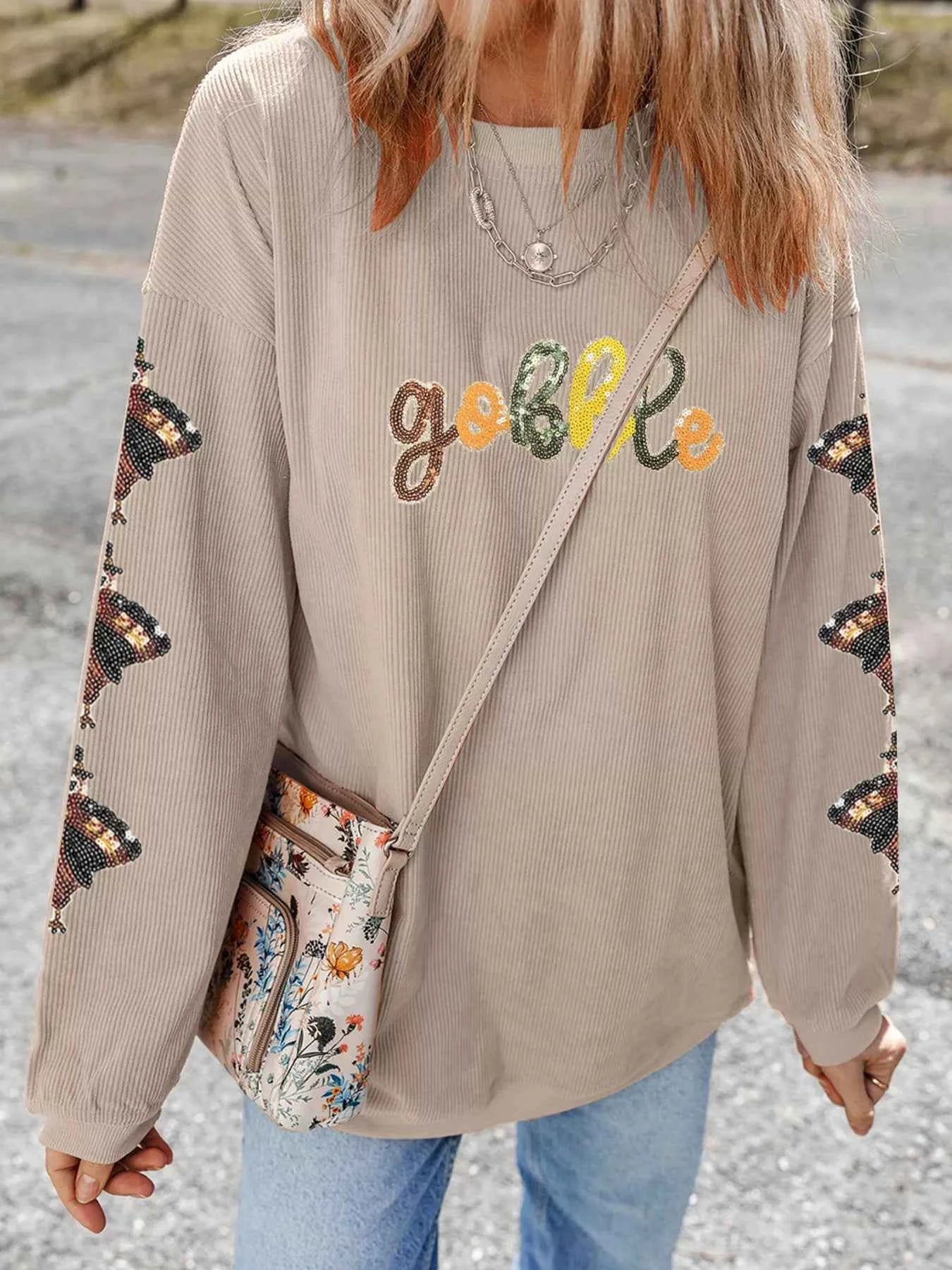 Gobble Corded Ribbed Thanksgiving Turkey Sequin Patched Sleeve Sweatshirt 08d8f0fd478747338d7f8e2dbaec490c-Max-Origin